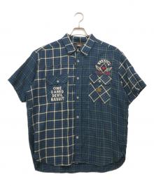 VANSON×WORST（バンソン×ワースト）の古着「コットンリネン半袖チェックシャツ」｜ネイビー