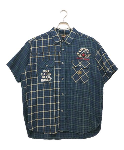 VANSON（バンソン）VANSON (バンソン) WORST (ワースト) コットンリネン半袖チェックシャツ ネイビー サイズ:XLの古着・服飾アイテム