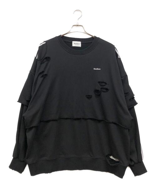 seesew（シーソー）seesew (シーソー) ダメージスウェット ブラック サイズ:Lの古着・服飾アイテム