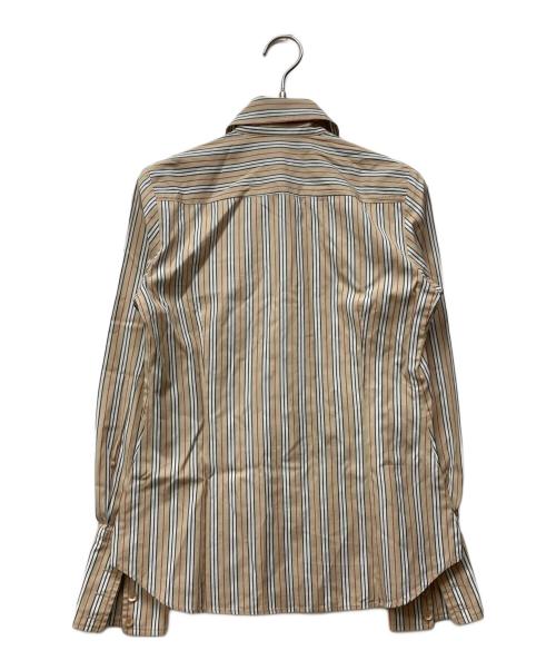 BURBERRY BLUE LABEL（バーバリー ブルー レーベル）BURBERRY BLUE LABEL (バーバリー ブルー レーベル) フリルストライプシャツ ブラウン サイズ:36の古着・服飾アイテム