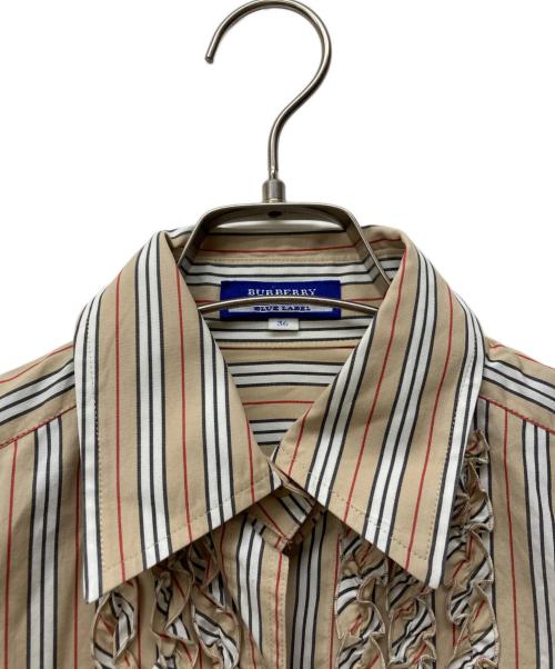 BURBERRY BLUE LABEL（バーバリー ブルー レーベル）BURBERRY BLUE LABEL (バーバリー ブルー レーベル) フリルストライプシャツ ブラウン サイズ:36の古着・服飾アイテム
