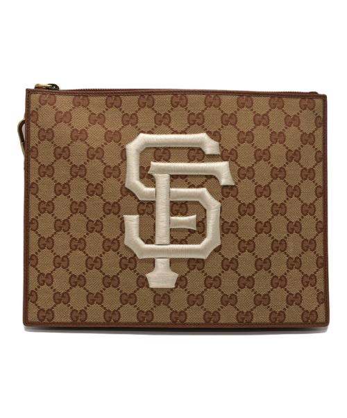 GUCCI（グッチ）GUCCI (グッチ) MLB (エムエルビー) GGキャンバスクラッチバッグ ブラウン×ベージュの古着・服飾アイテム