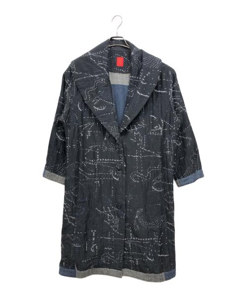 HaaT ISSEY MIYAKE（ハート イッセイ ミヤケ）Haat ISSEY MIYAKE (ハート イッセイ ミヤケ) 混紡刺し子生地刺繍総柄ロングコート ブラック サイズ:2の古着・服飾アイテム