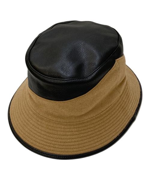 HERMES（エルメス）HERMES (エルメス) レザー切替カシミヤバケットハット ベージュ×ブラック サイズ:60の古着・服飾アイテム