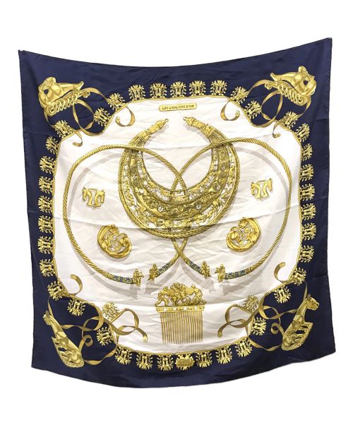 HERMES（エルメス）HERMES (エルメス) カレ90 ”LES CAVALIERS D'OR” 『黄金の騎士』 ネイビー×イエローの古着・服飾アイテム