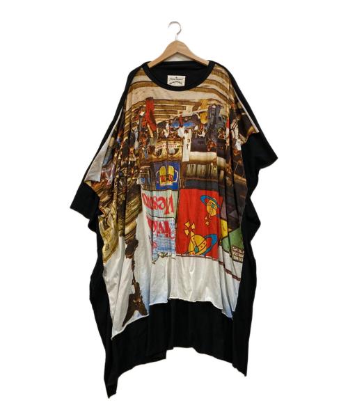 Vivienne Westwood ANGLOMANIA（ヴィヴィアンウエストウッドアングロマニア）Vivienne Westwood ANGLOMANIA (ヴィヴィアンウエストウッドアングロマニア) ピカデリーサーカス 変形カットソーワンピース ブラック×マルチカラー サイズ:38の古着・服飾アイテム