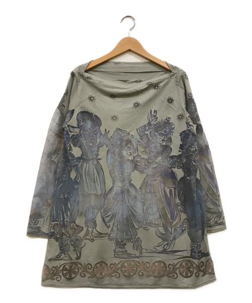 TOKUKO1erVOL（トクコプルミエヴォル）TOKUKO1erVOL (トクコプルミエヴォル) 民族舞踏デザイン総柄シアーブラウス グレー サイズ:9の古着・服飾アイテム