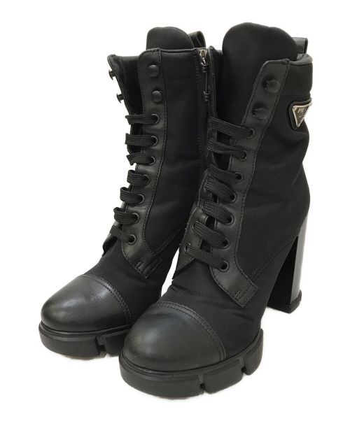 PRADA（プラダ）PRADA (プラダ) Re-Nylon xブラッシュドレザー ブーティー ショートブーツ ブラック サイズ:38 1/2の古着・服飾アイテム