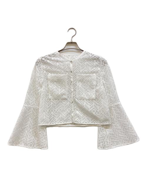 BALLSEY（ボールジィ）BALLSEY (ボールジィ) ジオメトリックボーダーレース フレアスリーブカーディガン ホワイト サイズ:36の古着・服飾アイテム