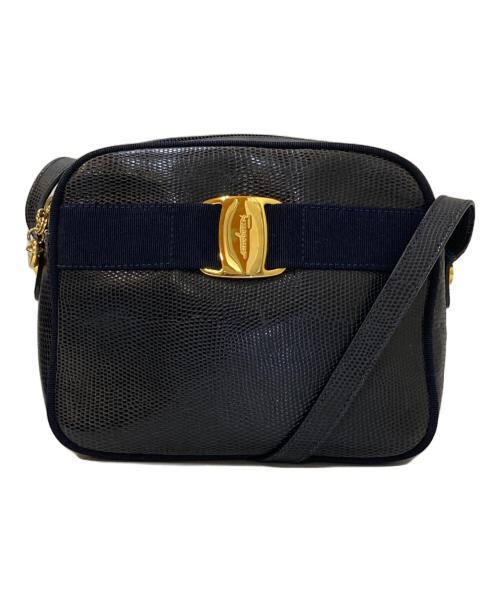 Salvatore Ferragamo（サルヴァトーレ フェラガモ）Salvatore Ferragamo (サルヴァトーレ フェラガモ) ヴァラ リザード 型押し ショルダーバッグ ネイビーの古着・服飾アイテム