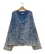 MAISON SPECIALメゾンスペシャル）の古着「Snow Wash Destroy Fringe Denim Knit Prime-Over V-Neck Cardigan Vネックカーディガン」｜ブルー