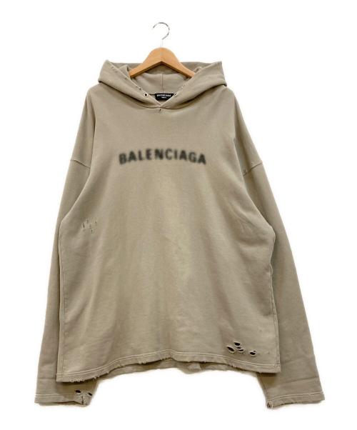 BALENCIAGA（バレンシアガ）BALENCIAGA (バレンシアガ) ピクセルロゴ ダメージ加工 プルオーバーパーカー グレー サイズ:XXSの古着・服飾アイテム