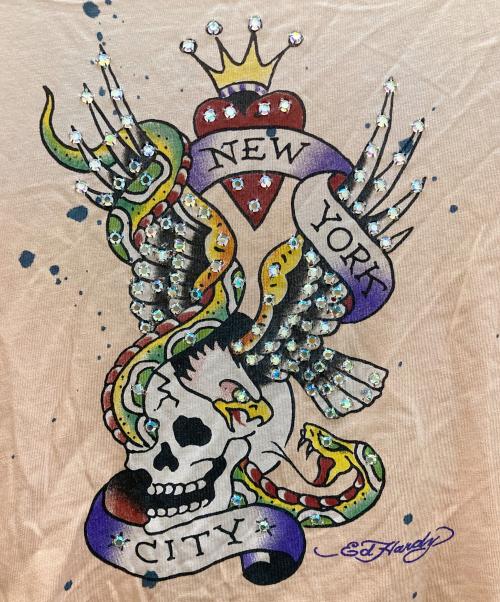 Ed Hardy（エド ハーディー）Ed Hardy (エド ハーディー) タトゥーモチーフ ラインストーン Tシャツ ピンク サイズ:Sの古着・服飾アイテム