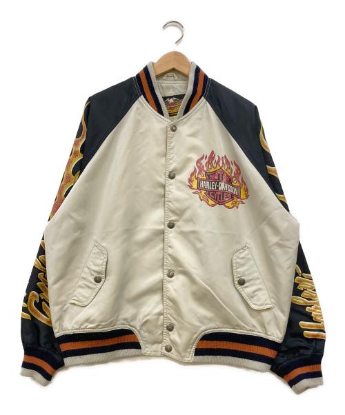 HARLEY-DAVIDSON（ハーレーダビッドソン）HARLEY-DAVIDSON (ハーレーダビッドソン) ファイヤパターンスタジャン ブラック×ライトグレー サイズ:Lの古着・服飾アイテム