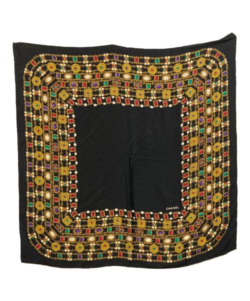 CHANEL（シャネル）CHANEL (シャネル) ヴィンテージビジュー 宝石柄 ココマーク シルクスカーフ ブラックの古着・服飾アイテム