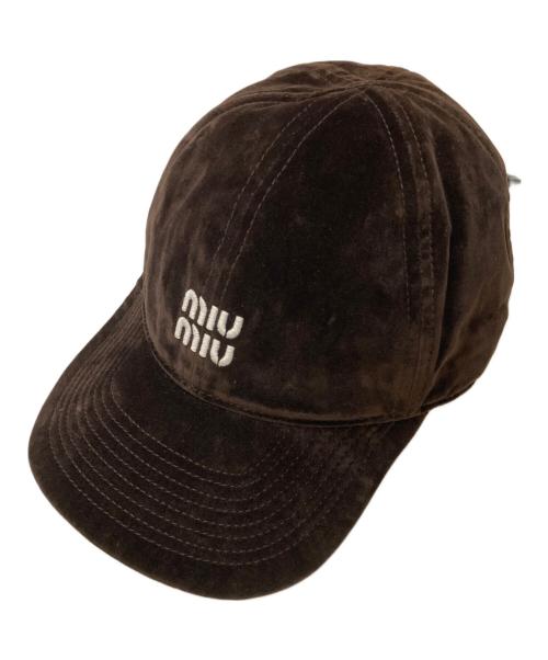 MIU MIU（ミュウミュウ）MIU MIU (ミュウミュウ) ロゴ刺繍 ベルベット ベースボールキャップ ブラウンの古着・服飾アイテム