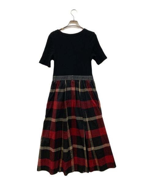 BLUE LABEL CRESTBRIDGE（ブルーレーベルクレストブリッジ）BLUE LABEL CRESTBRIDGE (ブルーレーベルクレストブリッジ) ストレッチテレココンビワンピース レッド×ブラック サイズ:38の古着・服飾アイテム