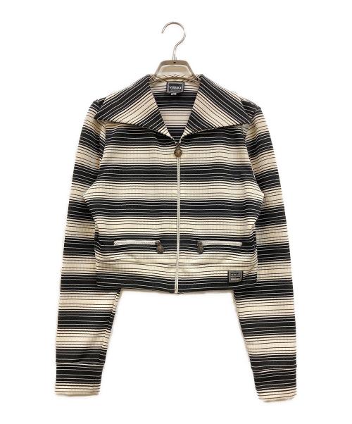 VERSACE JEANS COUTURE（ヴェルサーチ ジーンズクチュール）VERSACE JEANS COUTURE (ヴェルサーチ ジーンズクチュール) メデューサボタン ボーダージップジャケット ブラック×ベージュ サイズ:Ｍの古着・服飾アイテム