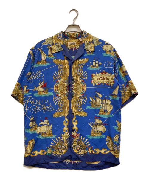 HERMES（エルメス）HERMES (エルメス) バロック 総柄 半袖シルクオープンカラーシャツ ブルー サイズ:38の古着・服飾アイテム