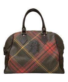 Vivienne Westwood（ヴィヴィアンウエストウッド）の古着「オーブレザーエンブレム チェック柄ボストンバッグ」｜ブラウン×ピンク
