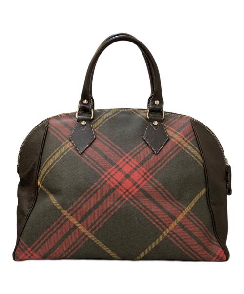 Vivienne Westwood（ヴィヴィアンウエストウッド）Vivienne Westwood (ヴィヴィアンウエストウッド) オーブレザーエンブレム チェック柄ボストンバッグ ブラウン×ピンクの古着・服飾アイテム