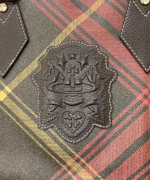 Vivienne Westwood（ヴィヴィアンウエストウッド）Vivienne Westwood (ヴィヴィアンウエストウッド) オーブレザーエンブレム チェック柄ボストンバッグ ブラウン×ピンクの古着・服飾アイテム