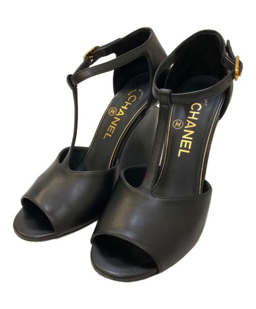 CHANEL（シャネル）CHANEL (シャネル) Tストラップ ココマーク パールビジュー ウェッジソールサンダル ブラック サイズ:35Cの古着・服飾アイテム