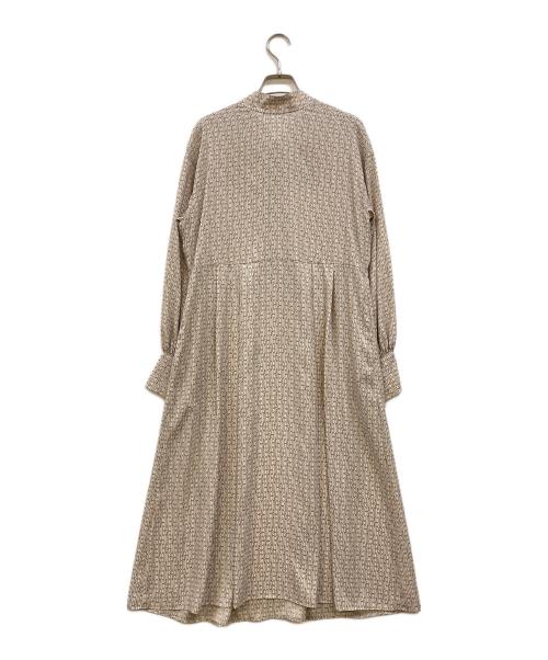 BALLSEY（ボールジィ）BALLSEY (ボールジィ) モノグラムプリント フロンタブルボウタイワンピース ベージュ サイズ:Sの古着・服飾アイテム
