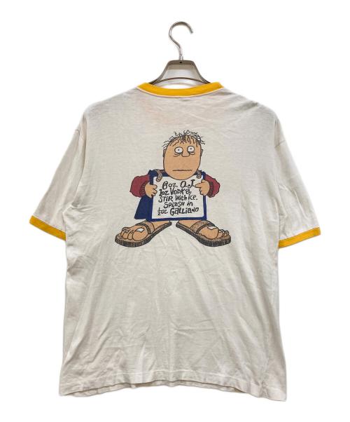 Champion（チャンピオン）Champion (チャンピオン) 60s 染み込みプリントリンガーTシャツ ホワイト×イエロー サイズ:XLの古着・服飾アイテム