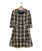 BURBERRY BLUE LABELバーバリー ブルー レーベル）の古着「刺繍ホースチェック柄七分袖ワンピース」｜ネイビー×ベージュ