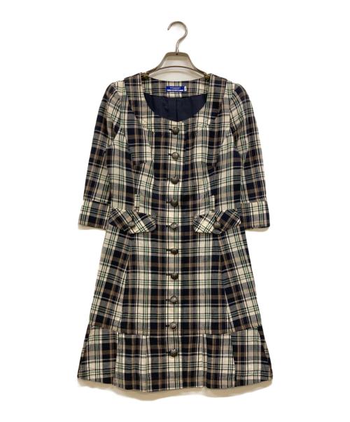 BURBERRY BLUE LABEL（バーバリー ブルー レーベル）BURBERRY BLUE LABEL (バーバリー ブルー レーベル) 刺繍ホースチェック柄七分袖ワンピース ネイビー×ベージュ サイズ:38の古着・服飾アイテム