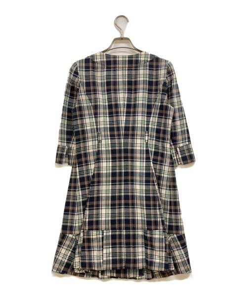 BURBERRY BLUE LABEL（バーバリー ブルー レーベル）BURBERRY BLUE LABEL (バーバリー ブルー レーベル) 刺繍ホースチェック柄七分袖ワンピース ネイビー×ベージュ サイズ:38の古着・服飾アイテム