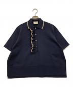 ）の古着「ミニマルフリルニットポロシャツ」｜ネイビー