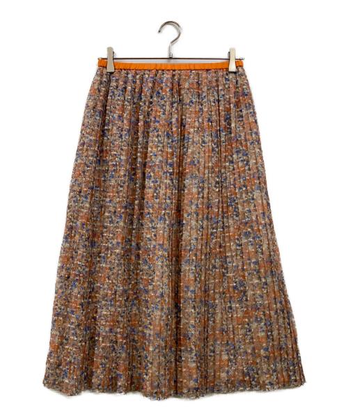 DRAWER（ドゥロワー）Drawer (ドゥロワー) フラワープリント プリーツ シルクスカート ブルー×オレンジ サイズ:36の古着・服飾アイテム