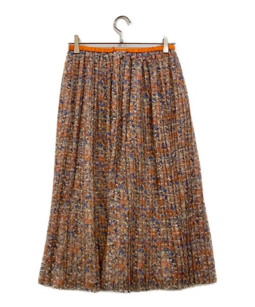 DRAWER（ドゥロワー）Drawer (ドゥロワー) フラワープリント プリーツ シルクスカート ブルー×オレンジ サイズ:36の古着・服飾アイテム