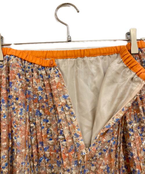 DRAWER（ドゥロワー）Drawer (ドゥロワー) フラワープリント プリーツ シルクスカート ブルー×オレンジ サイズ:36の古着・服飾アイテム