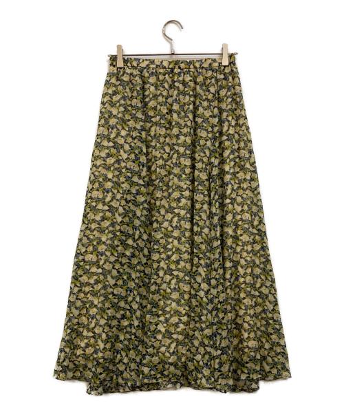 DRAWER（ドゥロワー）Drawer (ドゥロワー) フラワープリント シルクスカート グリーン×イエロー サイズ:38の古着・服飾アイテム