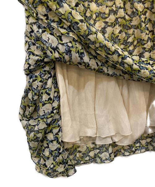 DRAWER（ドゥロワー）Drawer (ドゥロワー) フラワープリント シルクスカート グリーン×イエロー サイズ:38の古着・服飾アイテム