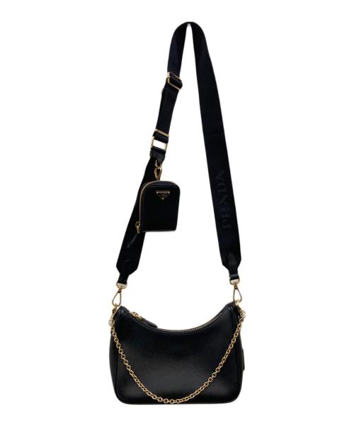 PRADA（プラダ）PRADA (プラダ) サフィアーノレザー ミニポーチ付 ワンショルダーバッグ ブラックの古着・服飾アイテム