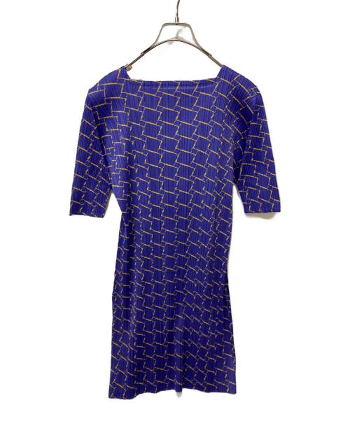 PLEATS PLEASE（プリーツプリーズ）PLEATS PLEASE (プリーツプリーズ) ブロックプリントスクエアネックチュニック パープル サイズ:3の古着・服飾アイテム