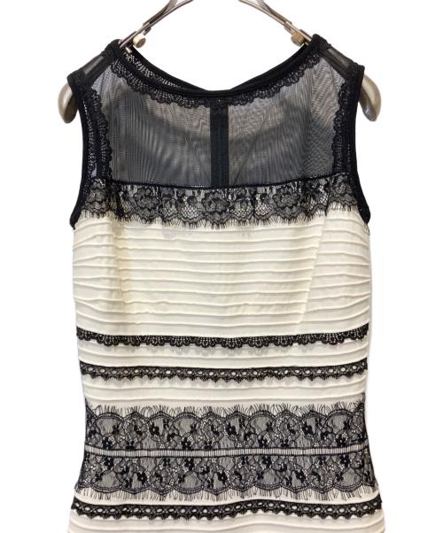 TADASHI SHOJI（タダシ ショージ）TADASHI SHOJI (タダシ ショージ) ピンタックレースボーダータイトドレス ホワイト×ブラック サイズ:XXSの古着・服飾アイテム