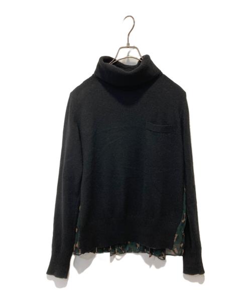 sacai（サカイ）sacai (サカイ) ウール レオパード柄プリーツ加工切替 タートルネック長袖プルオーバーニット ブラック サイズ:1の古着・服飾アイテム