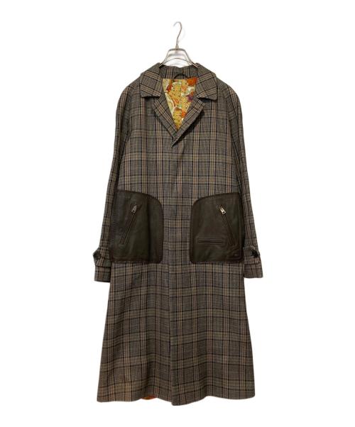 ETRO（エトロ）ETRO (エトロ) 千鳥格子レザーポケットチェスターコート ブラウン サイズ:48の古着・服飾アイテム