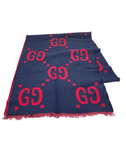 GUCCI（グッチ）GUCCI (グッチ) GGジャガードウールシルクスカーフ ネイビー×レッドの古着・服飾アイテム