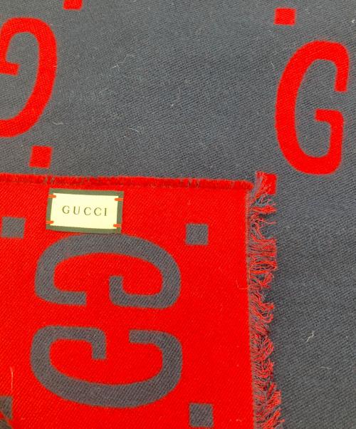GUCCI（グッチ）GUCCI (グッチ) GGジャガードウールシルクスカーフ ネイビー×レッドの古着・服飾アイテム
