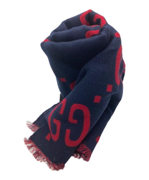 GUCCI（グッチ）GUCCI (グッチ) GGジャガードウールシルクスカーフ ネイビー×レッドの古着・服飾アイテム