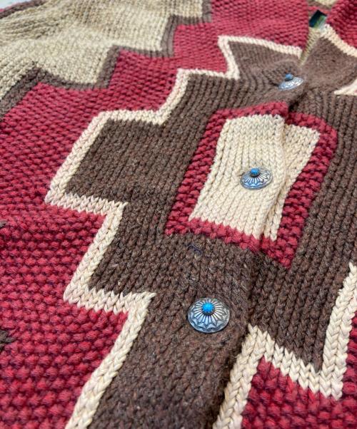 RALPH LAUREN（ラルフローレン）RALPH LAUREN (ラルフローレン) ネイティブ柄 コットンシルクコンチョボタンカーディガン レッド×カーキ サイズ:Mの古着・服飾アイテム