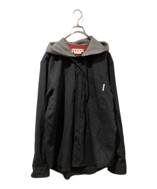 MARNI（マルニ）MARNI (マルニ) ウールトロピカルチェックフーデッドシャツ ブラック サイズ:50の古着・服飾アイテム