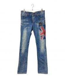 GALLIANO（ガリアーノ）の古着「ニュースペーパープリントデニムパンツ」｜インディゴ