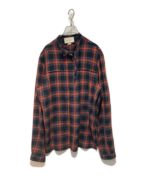 GUCCI（グッチ）GUCCI (グッチ) ボウタイチェックシャツ レッド×ネイビー サイズ:50の古着・服飾アイテム